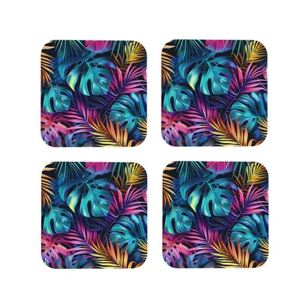 

Leather Coasters Set of 4 - Colorful Tropical Leaves Lightweight Non-Slip Drink Coasters for Desk Anti-Scalding Desk Cup Coasters for Office Table Decor Square