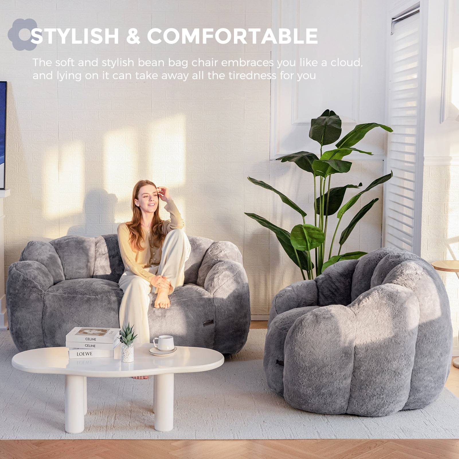 GOODONE Adult Bean Bag Chair,Flower Shaped Bean Bag Sofa,Super Soft Plush Reading Chair,High Elasticity Lazy Sofa,Suitable for Living Room and Bedroom,No Assembly Required,DGrey,Double