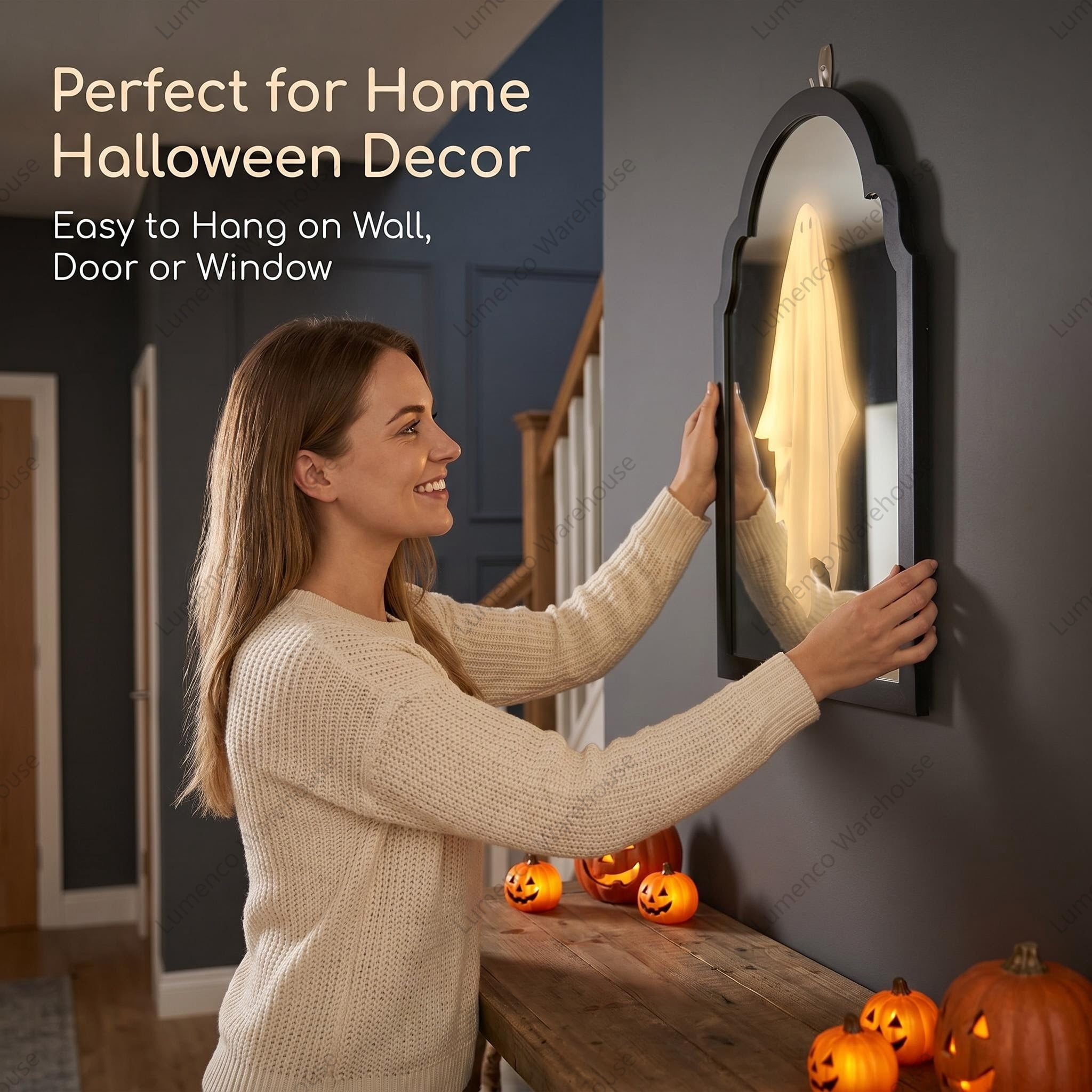 Martha Stewart Ghost Mirror for Halloween, Spooky Scary Ghost Novelty Indoor Mirror, Halloween Party Home Decorations，13.7in