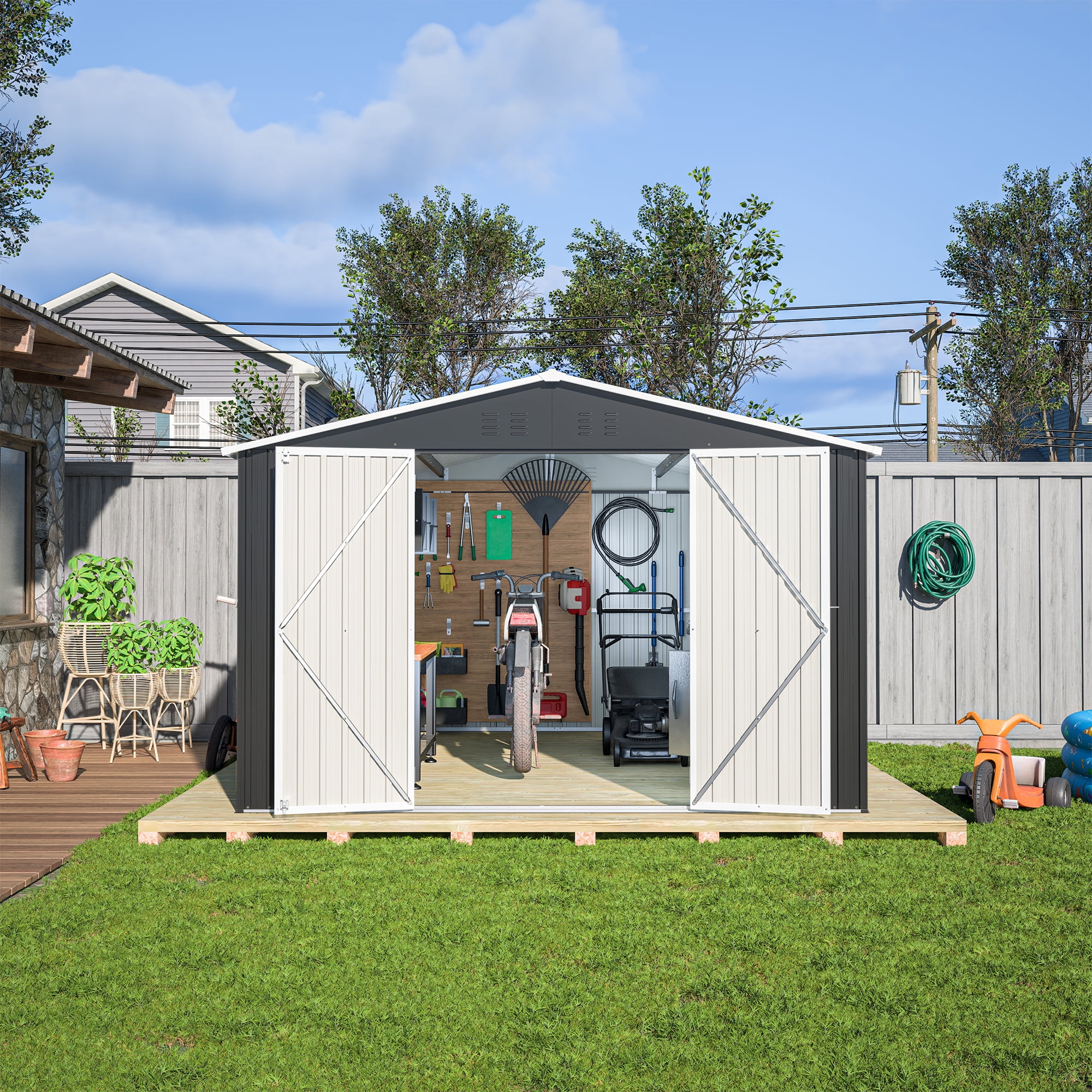 DetalleGo 10x12FT Metal Storage Shed - No Foundation Needed! Lockable Double Doors (49.5"x65"), Aluminum Frame & Galvanized Steel, All-Weather Garden Shed for Lawn Mower/Tools