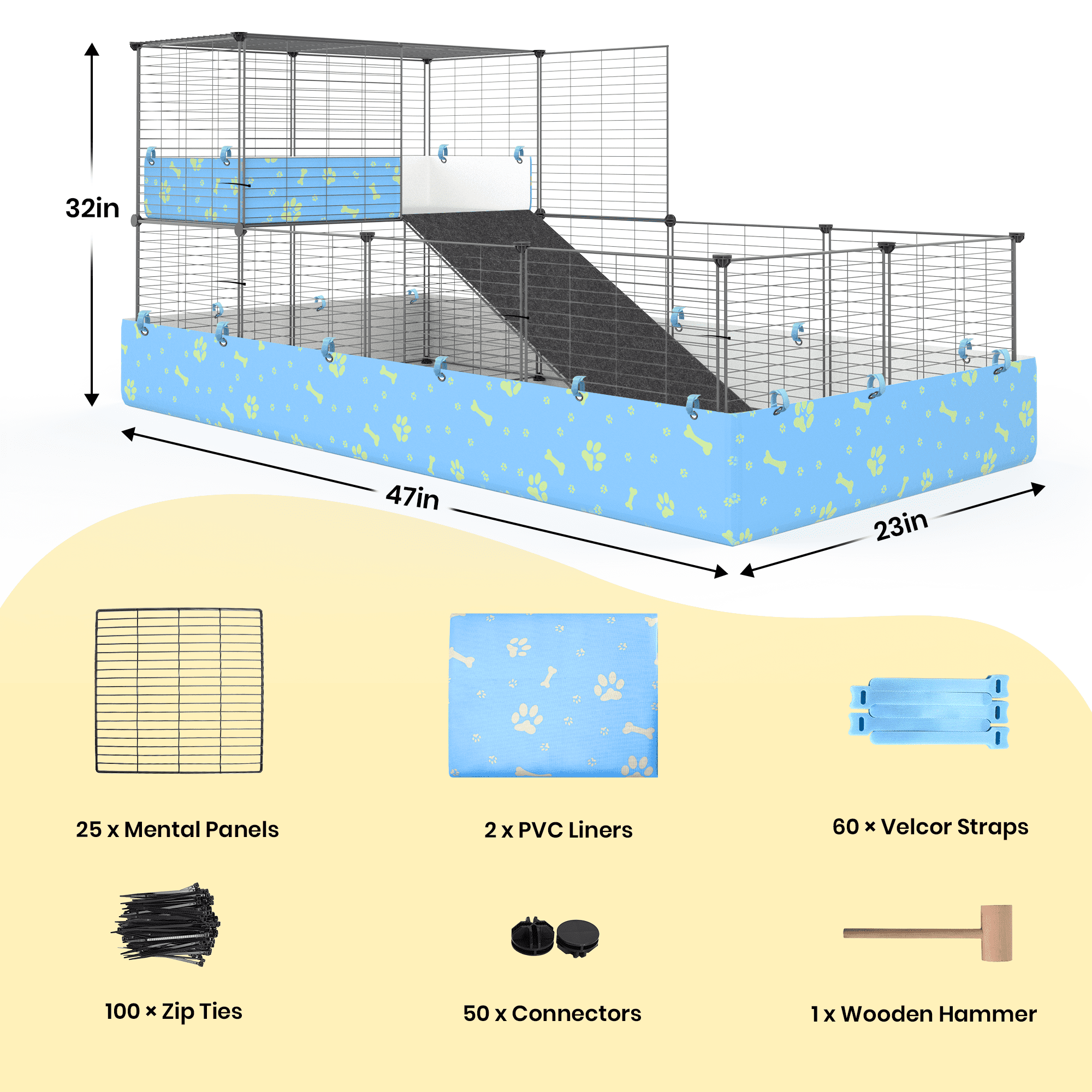 Luxmo Guinea Pig Cage, Indoor C&C Rabbit Kitten Small Animal Cage with Waterproof Liner, Loft and Partition for Rabbit, Chinchilla and Hamster, Habitat Fence Playpen with 25PCS Pannels
