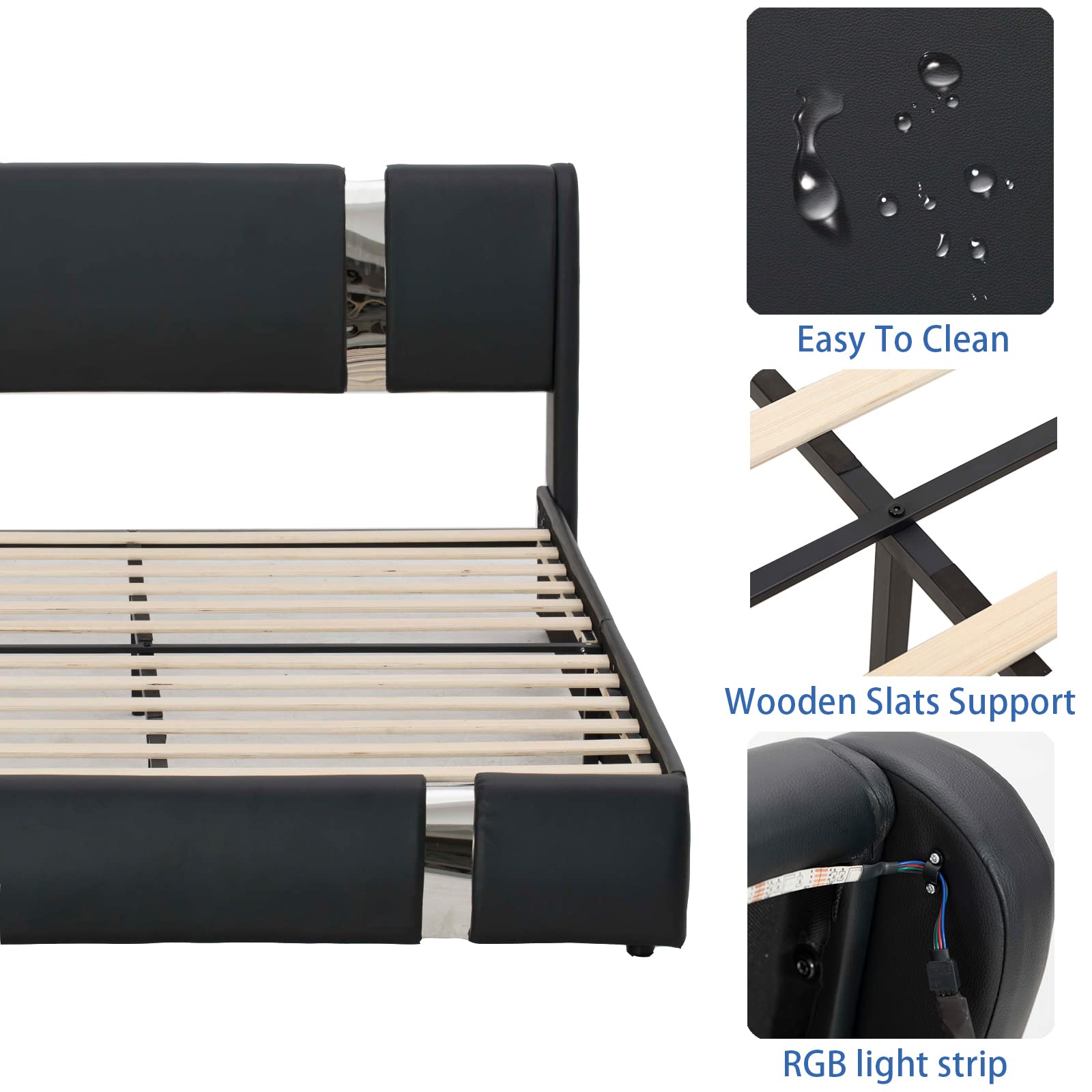 Queen Size Bed Frame with LED Light Headboard, Modern Faux Leather Platform Bed Frame Deluxe Upholstered Bed with Curved Backrest