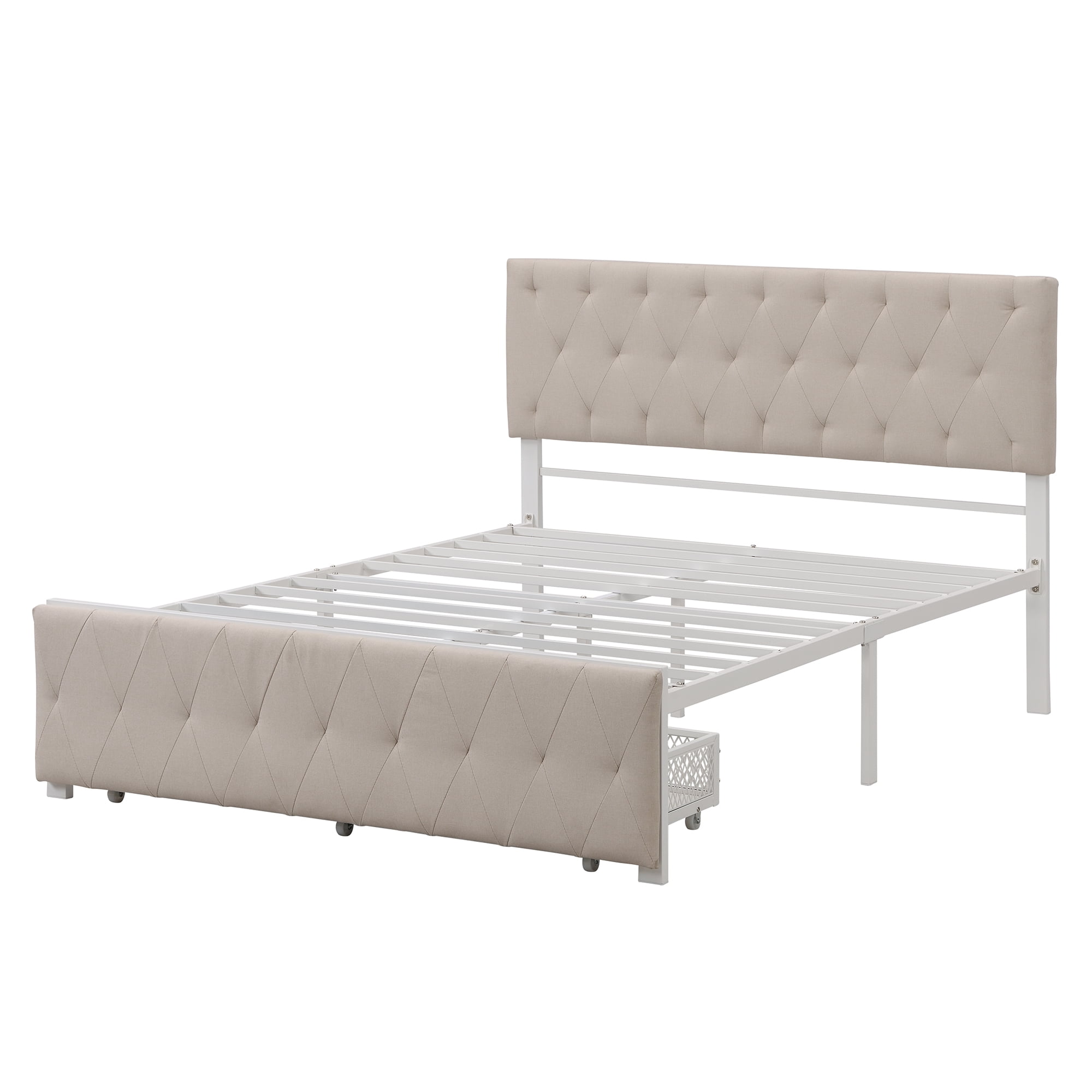SEVENTH Full Size Modern Linen Platform Bed with Storage Drawer, Beige