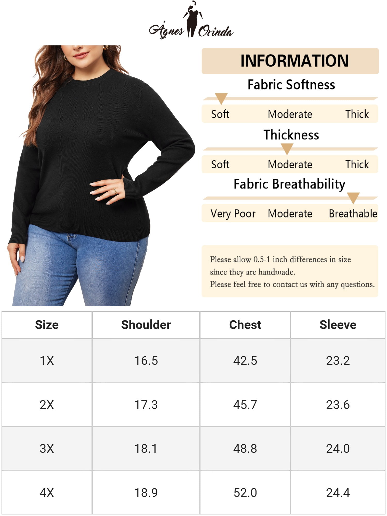 DARING DIVA Plus Size Long Sleeve Crewneck Sweater Fall Casual Tops 1X Black