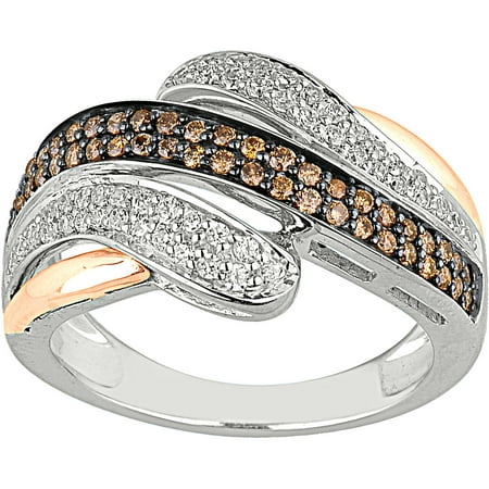 Champagne and White Diamond Sterling Silver with 10kt Rose Gold Accents Fashion Band Ring