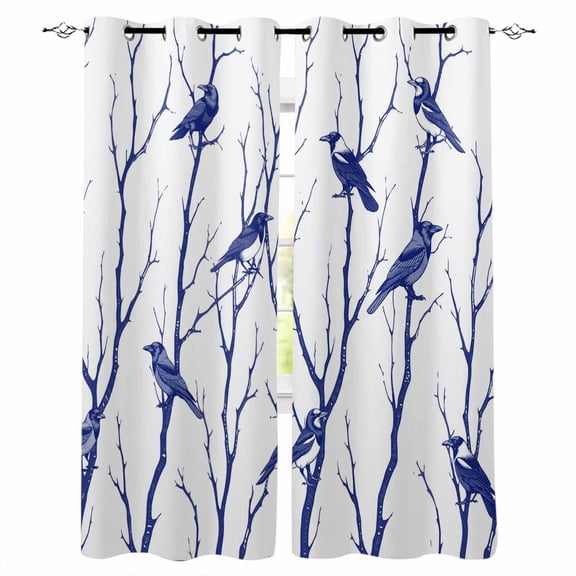 Navy Blue Branches Birds Black Out Curtains 72 Inch Long, Light Blocking Drapes with Black Liner, Abstract Forest Silhouettes Thermal Blackout Curtains for Bedroom Living Room 52"x72" 2 Panels