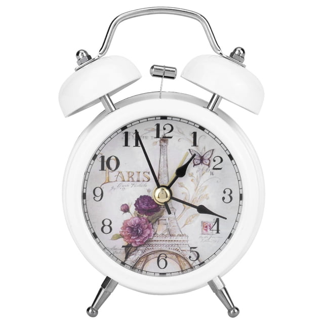 Mini reloj despertador digital de metal silencioso con luces y campana centelleante para dormitorio de estudiantes, color blanco