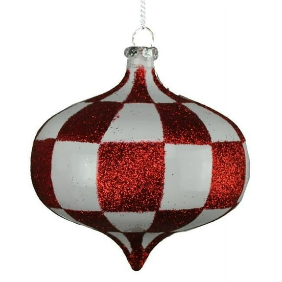4 Pack of Red and White Checkered Onion Ornaments with Glitter Enhancements