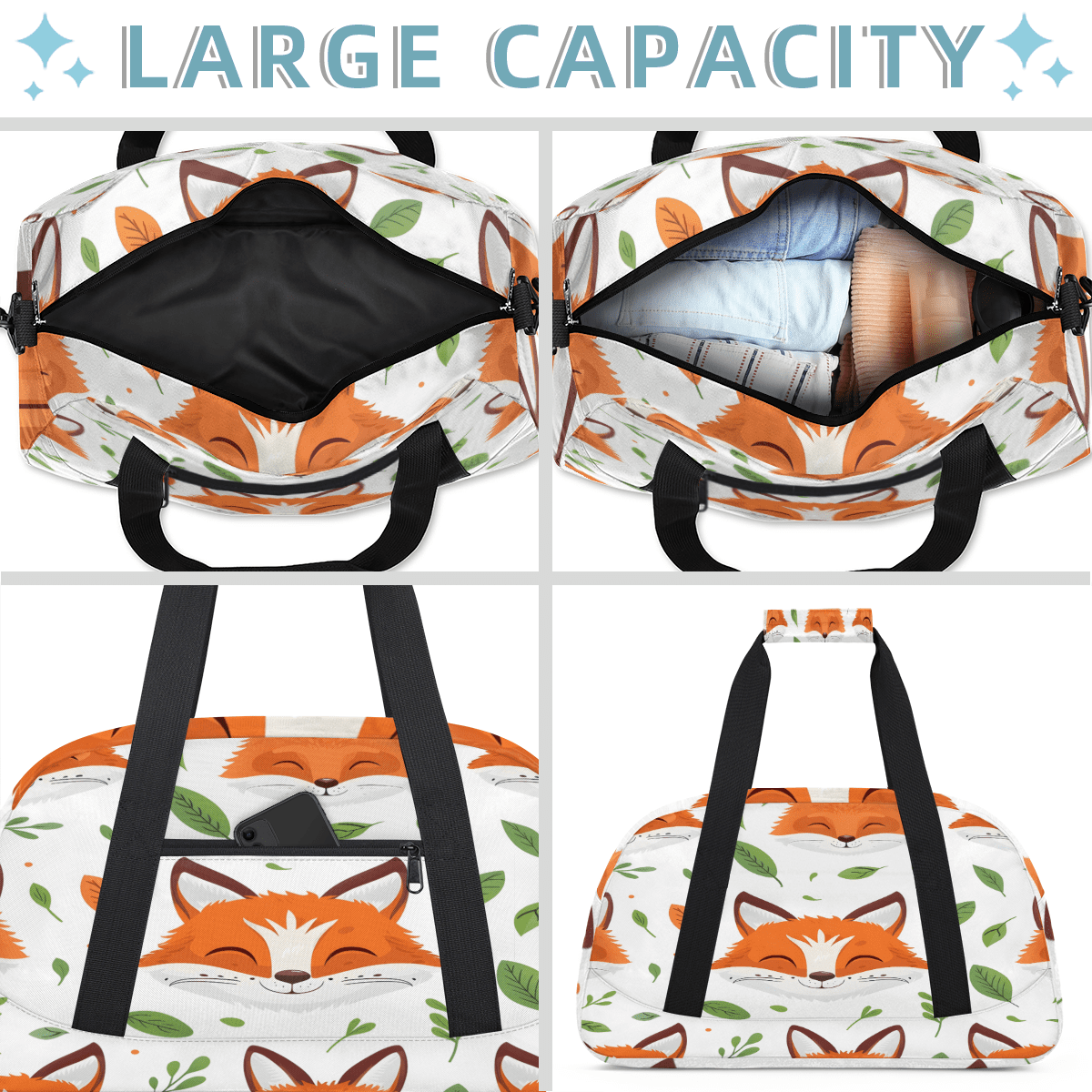 Herdesigns Fox Sports Duffle Bag for Women & Men, Cute Fox Wildlife Gym Bag Dance Bag Overnight Bag Carry On Weekender Travel Bag