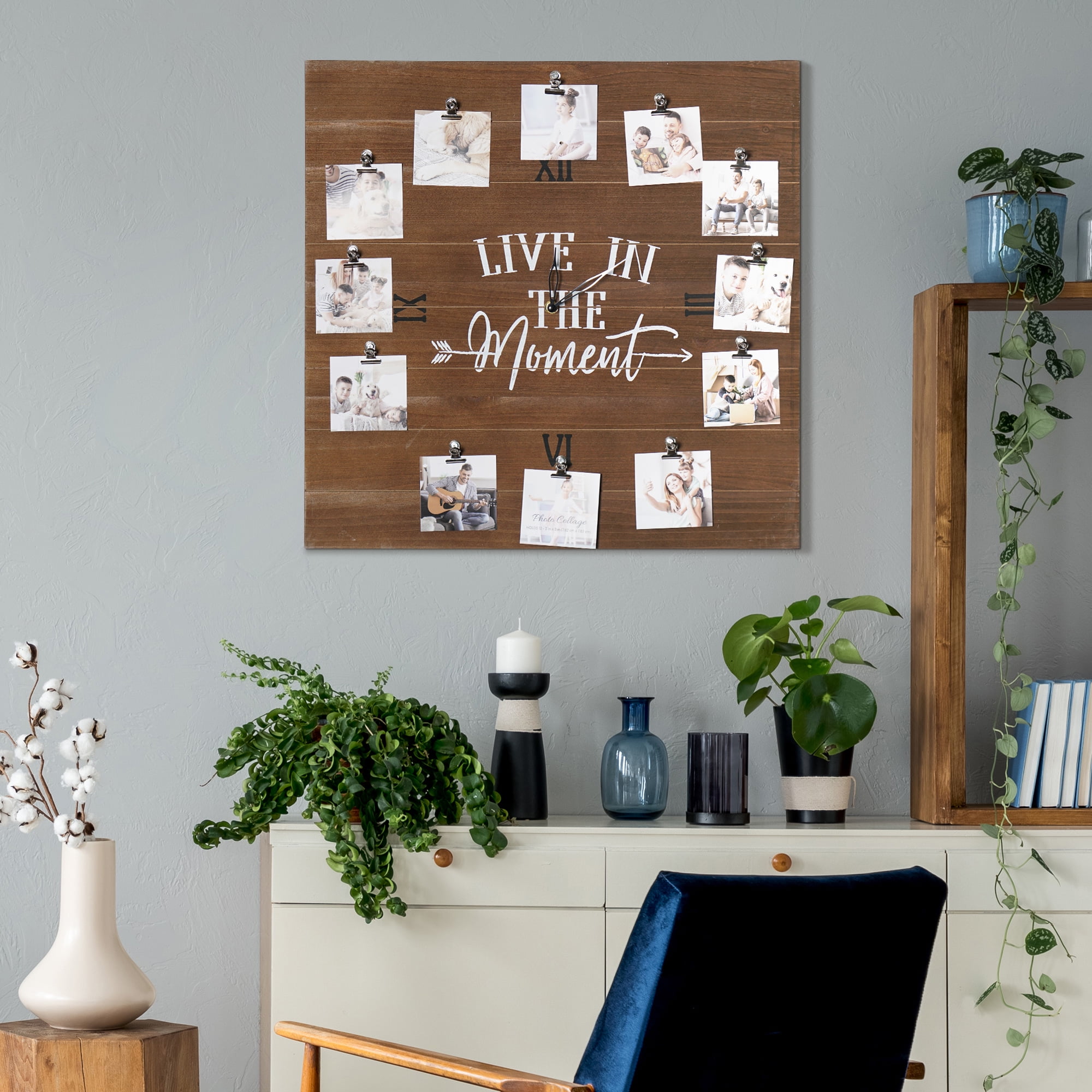 Crystal Art Gallery Live in the Moment Brown Wood Plank Photo Collage Clock with Picture Clip - 20" x 20"