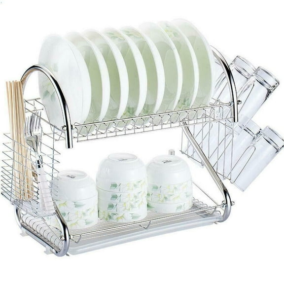 2-Tier Dish Drying Rack with Utensil Holder and Cup Holder with Dish Water Drain Board Tray Rustproof Chrome Plating