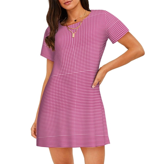 Disketp Gingham para Camisón Corto de Manga Corta para Mujeres, Camisón Cómodo con Escote Redondo, Bonito y Confortable