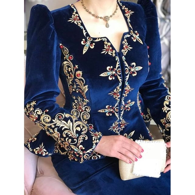 Blusa asimétrica de terciopelo Vintage para mujer, Tops elegantes con bordado Floral, cuello en V profundo, cintura delgada, Peplum, diseño de manga larga