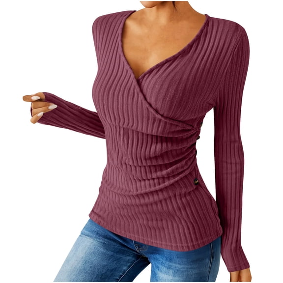 WMTBSRSW Womens Long Sleeve Shirts Deep V Neck Rib Knit Slim Fit Wrape Tops Casual Stretch Basic Tee Going Out Top Fall Fashion Clothes Wine X-Large