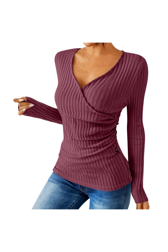 Women's Long Sleeve T Shirts Wrap V Neck Ruffled Side Blouse Slim Basic Tee Tops Trendy Clothes