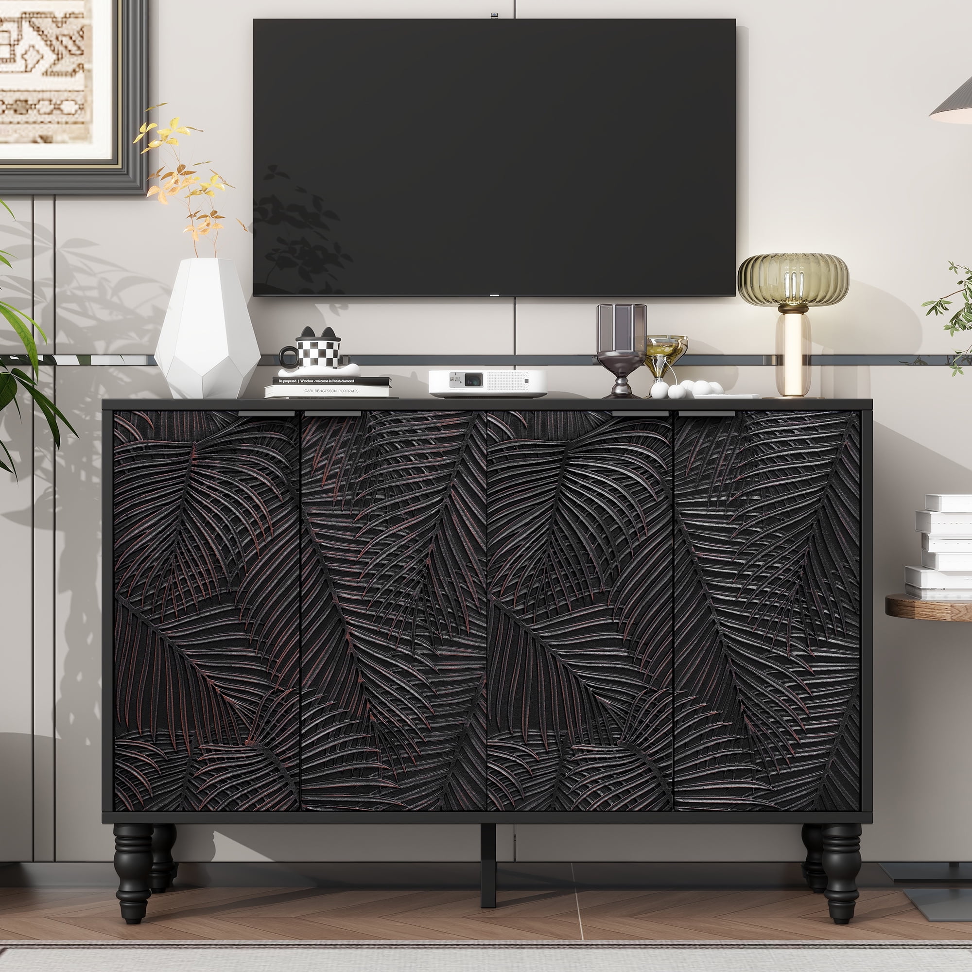 Euroco 47.2" Modern TV Stand with 2 Spacious Storage Cabinets – Entertainment Center Media Console, Solid Wood Legs, Adjustable Shelves & Anti-Tip Device for TVs up to 43"
