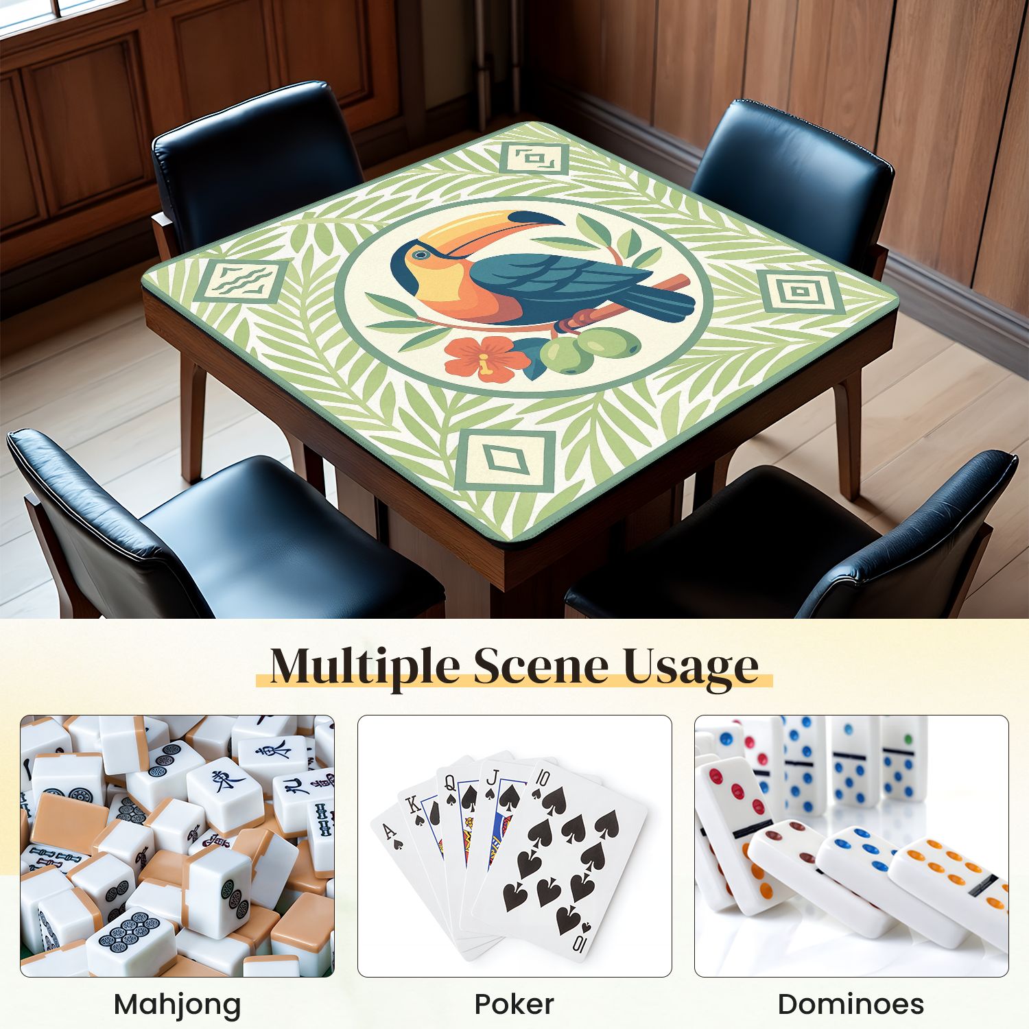 Mahjong Mat 31.5" x 31.5" Tropical Toucan Bird Vibrant Plumage Green Leaves Anti-Slip and Noise Reduction Symmetry Design Mahjong Tiles Table Cover for Dominoes Poker Card Board and Tile Games