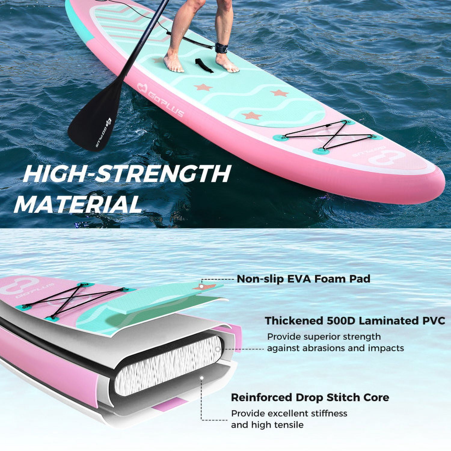 Spaco 11 Feet Inflatable Stand up Paddle Board, Inflatable Paddle Board with 3 Fins and Adjustable Paddle-L, Versatile Paddle Board for Outdoor, Pink