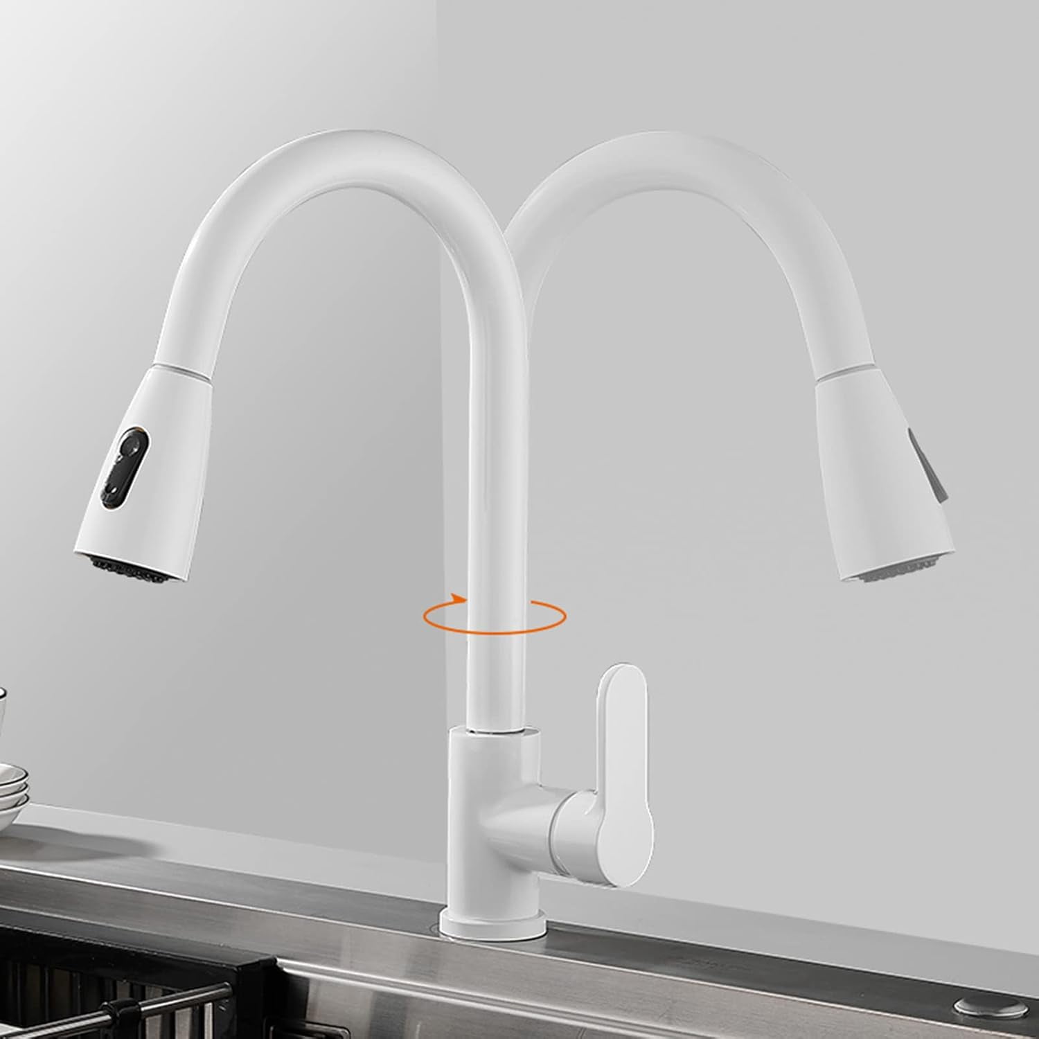 Kitchen Faucet with Pull Out Spray Kitchen Sink faucets Telescopic 360° Rotatable Brass Multifunction Kitchen Mixer Faucet-White