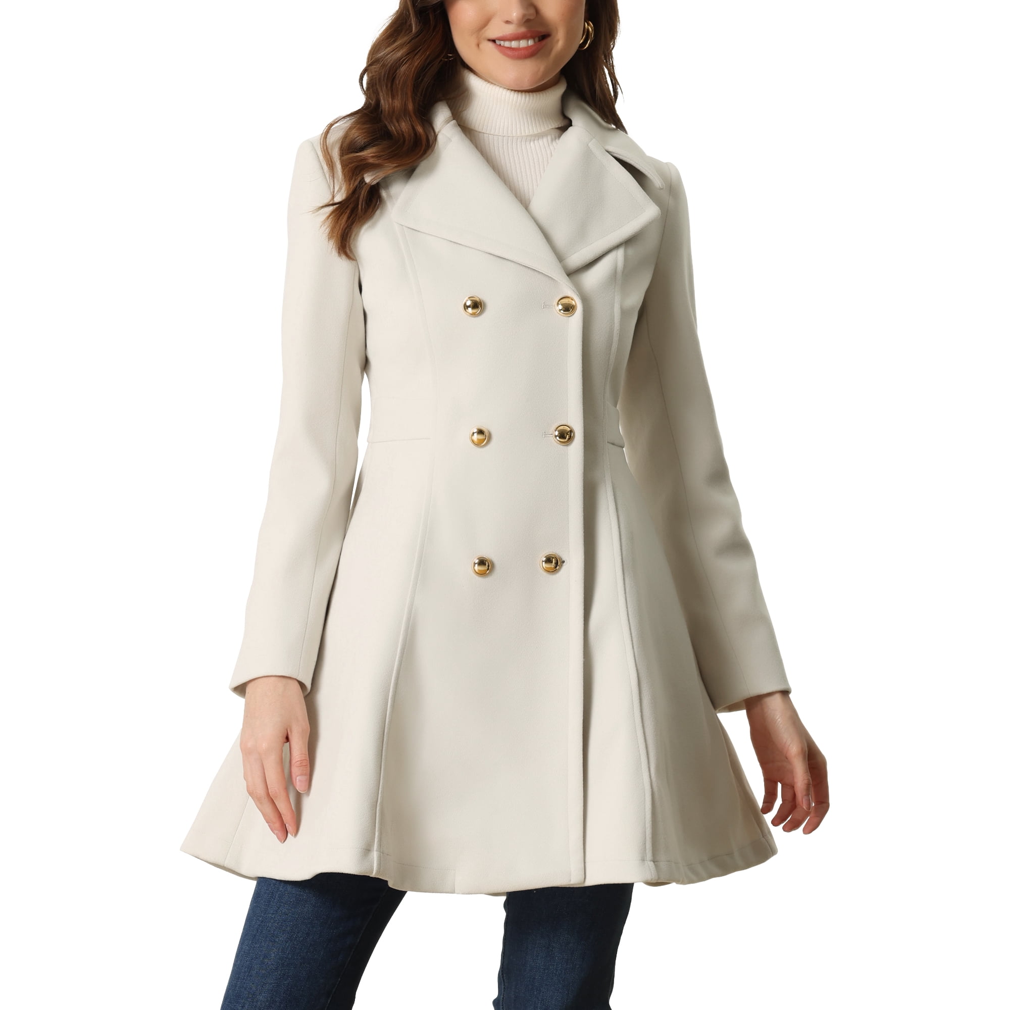 Unique Bargains Winter Long Coat for Women s Lapel Collar Contrast Double Breast Coat Cream White S