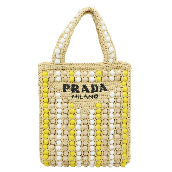 Pre-Owned Prada Embroidered Logo Raffia Wood Bead Tote Bag Multicolor