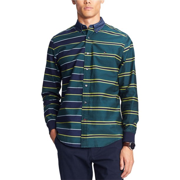 Tommy Hilfiger Mens Pieced Regi Button Up Shirt, Verde, X-Large Tommy Hilfiger Botones al frente
