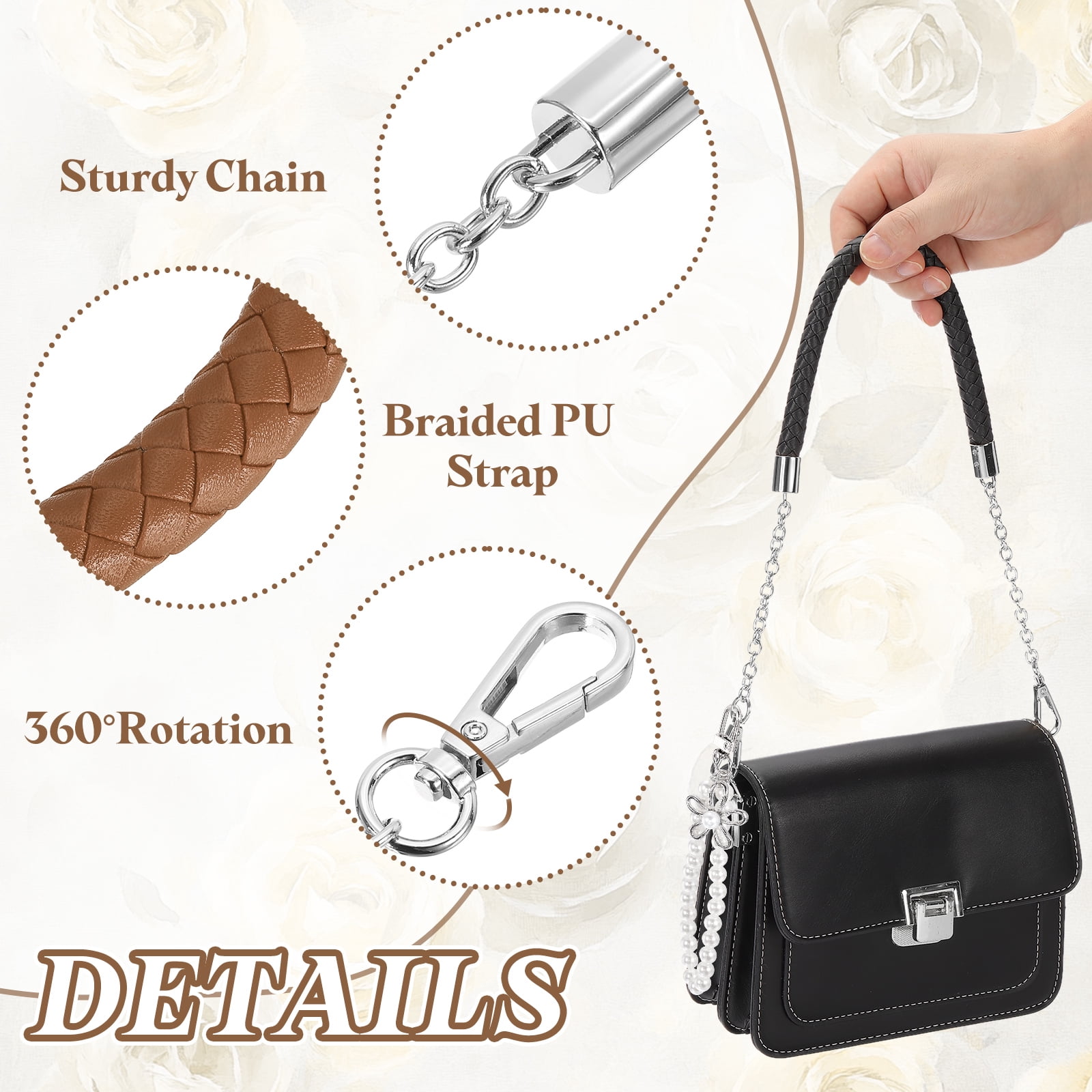 Uxcell 2 Pcs PU Leather Chain Purse Strap, 23.6 Inch Braided Purse Handles Replacement Strap with Pearl Pendant for Tote Bag Handbag Underarm Bag (Light Brown, Silver Chain)