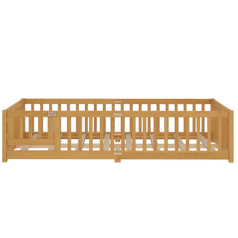 Montessori Bed with Rails, Queen Size Floor Bed with Door & Slats Support, Wood Playhouse Bed with Fence, No Box Spring Needed,Natural
