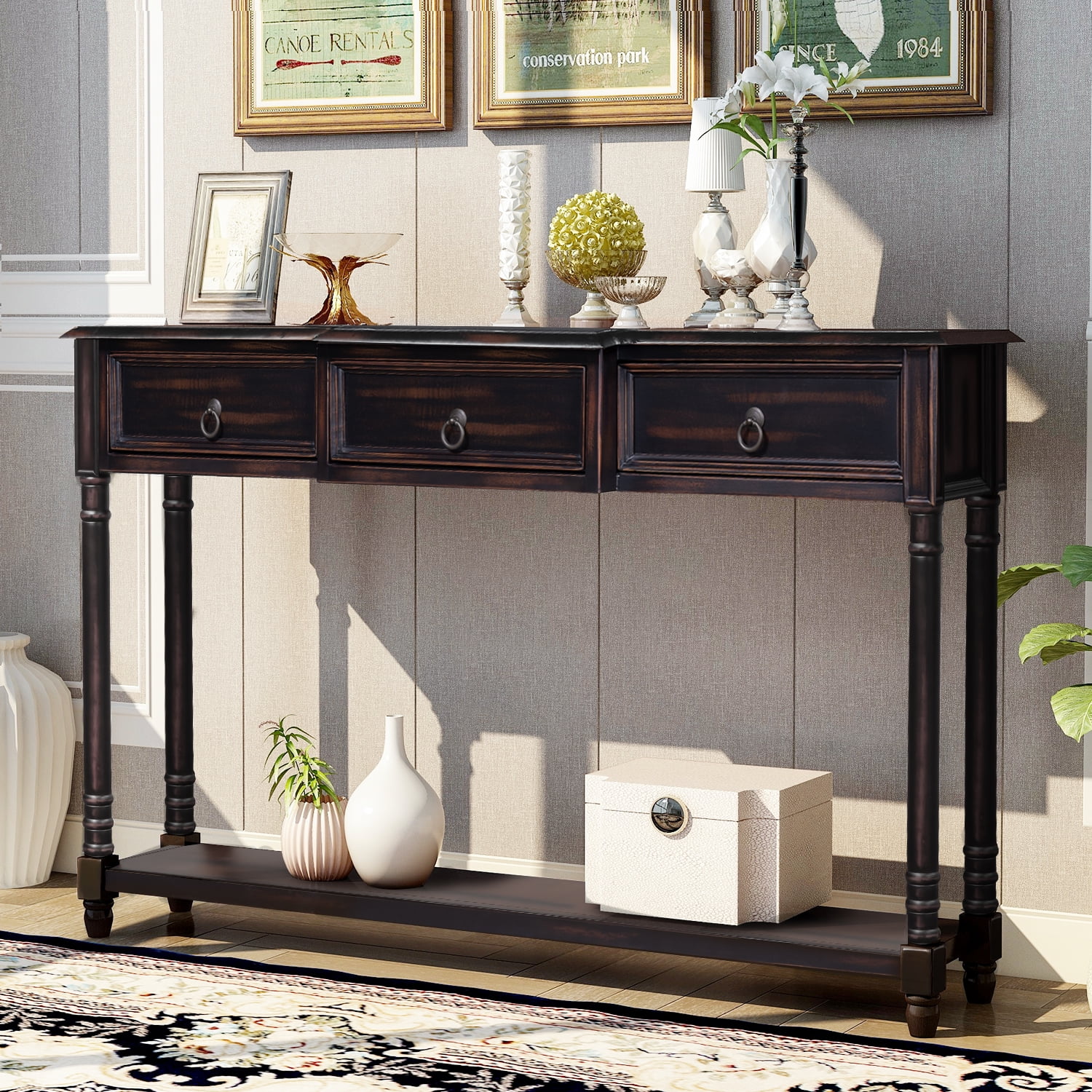 Console Table Buffet Cabinet Sideboard Sofa Table With 3 Storage Drawers Bottom Shelf Solid