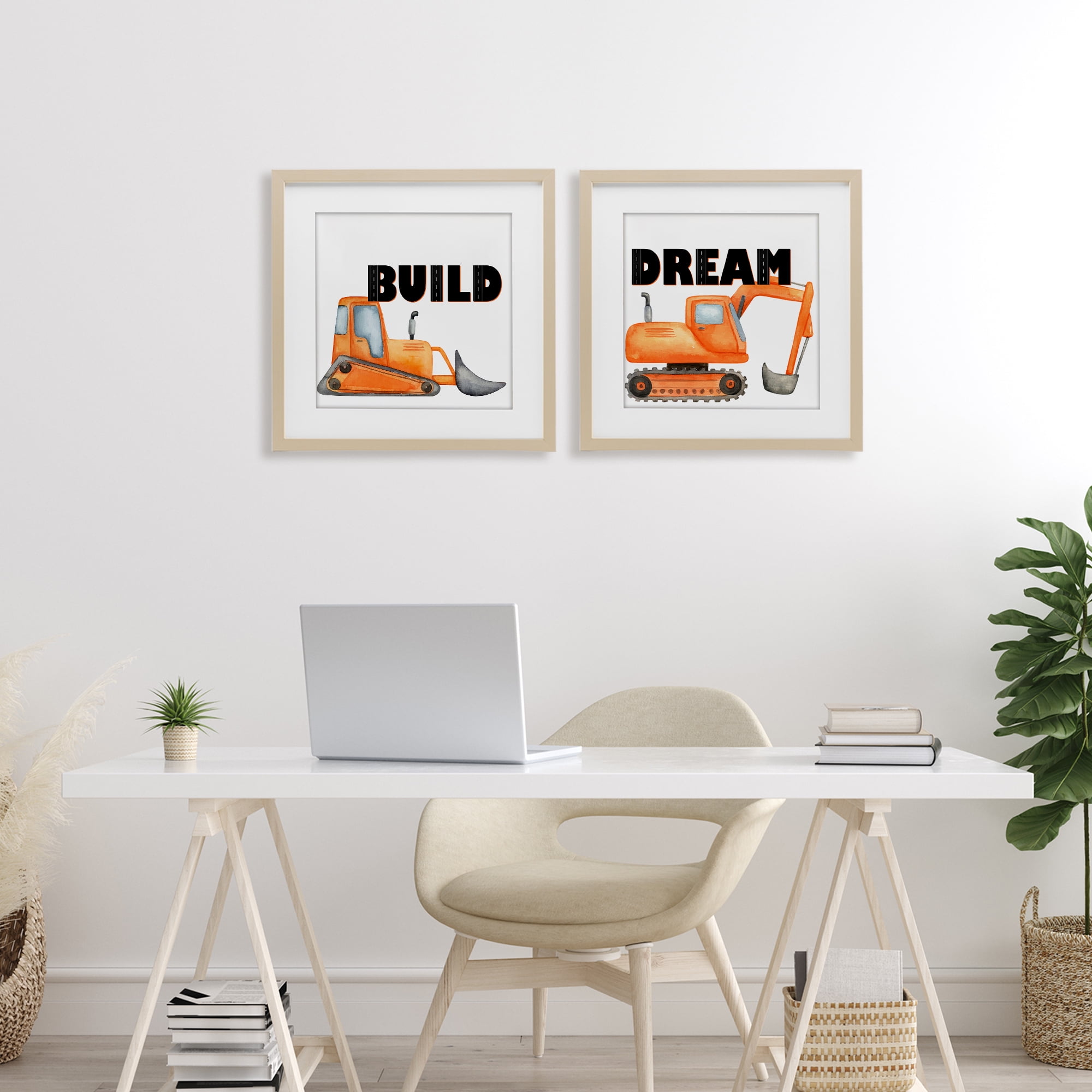Build & Dream Construction Vehicles 2 Piece Birch Framed Print Under Glass Set, design by Kim Allen