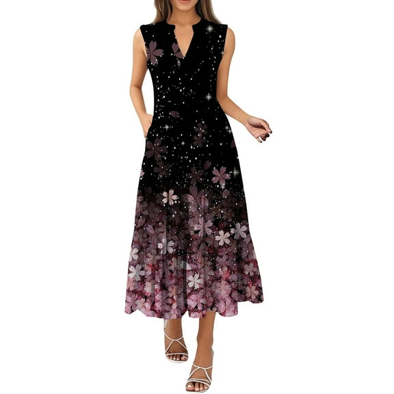 NAMTYQX Dresses for Women 2025 Wedding Guest Floral Hawaiian High Waist Chiffon Summer Wedding Guest Dress Black Size 2XL