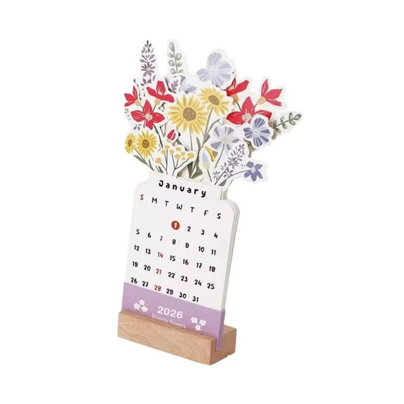 Mini Desk Calendar 2026,Bloomy Flowers Small Desk Calendar 2026 with Wooden Base,Creative Vase Shaped Mini Calendars Desktop for Home Office School