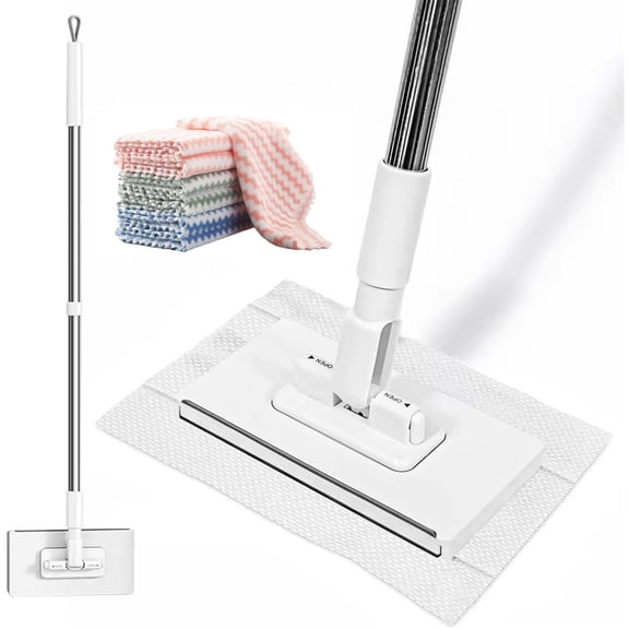 No-Touch Disposable Dust Mop with 4 Reusable Cloths, Zero Touch Clamp Clip Mop with 40" Long Handle for Wet and Dry Floor Wall Ceiling Cleaning