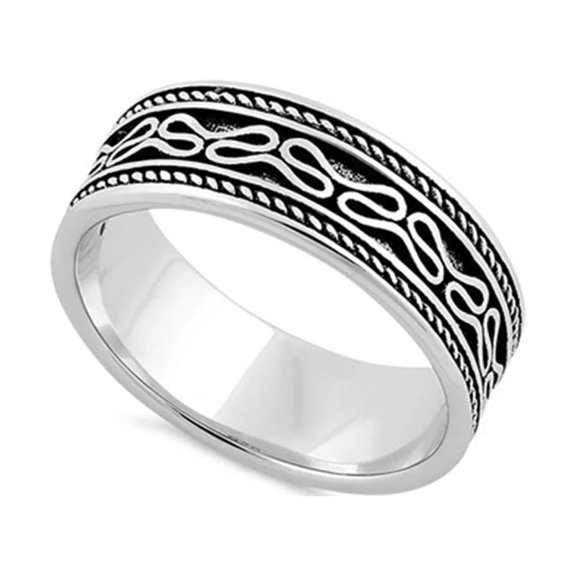 925 Sterling Silver Oxidized Platinum Plated Bali Design Band Women Mother's Day Gift Ring