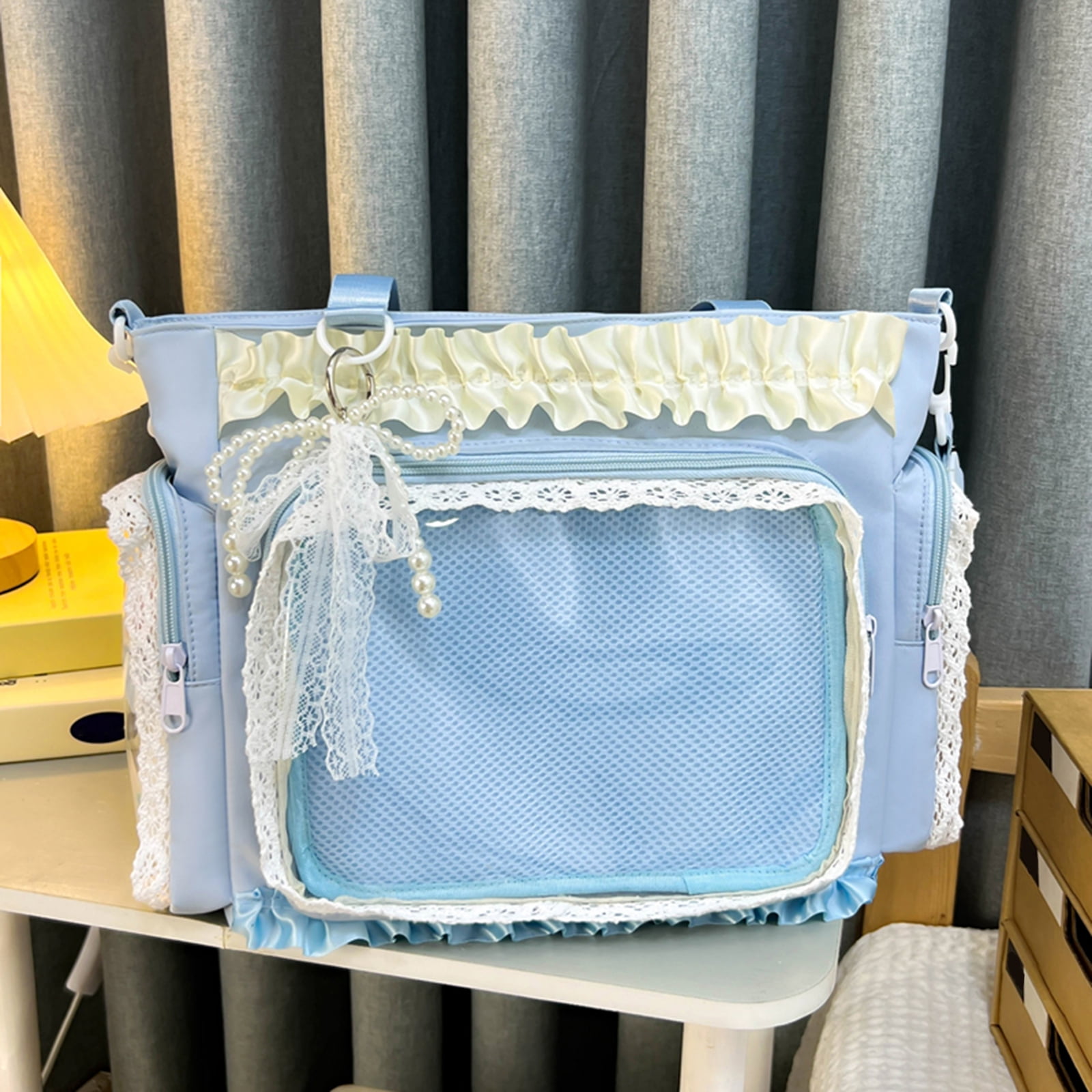 Women Transparent Square Ita Bag with Pin Display DIY Badge Crossbody Bag W/ Zipper & Pendant for Shopping Travel Work Daily Use (Blue)