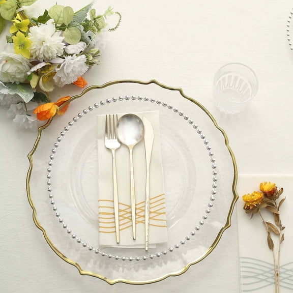 Efavormart 10 Pack | 10" Clear / Silver Beaded Rim Plastic Dinner Plates, Disposable Round Party Plates
