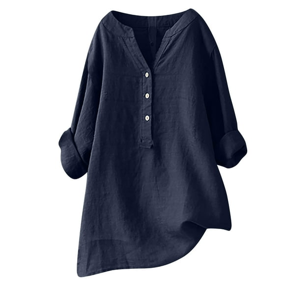 Women's Tops Casual Button down Loose Cotton Linen Solid Color Roll up Shirts Ladies Beach Going out Lapel Neck Tops (Medium, Navy)