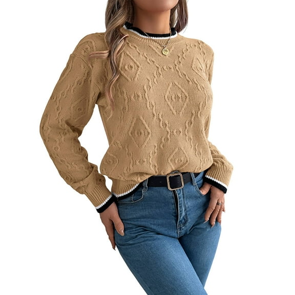Sweaters for Women Striped Trim Drop Shoulder Sweater Sweaters Khaki S