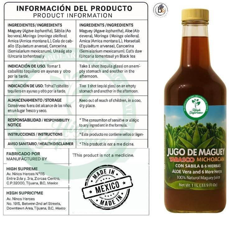 Maguey Jugo(Juice) w/ Aloe Vera & 6 Herbs (Sábila y 6 Hierbas)–1000 ml (1 L) Pure Agave Juice – 100% Artisanal, Vegan, Non-GMO–Natural Digestive Support
