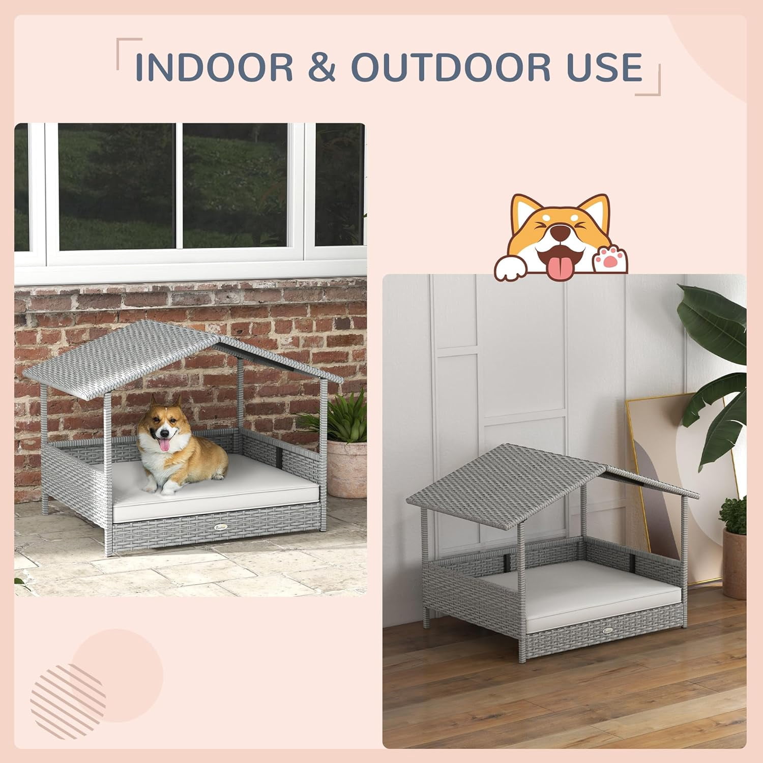 HJTER Wicker Dog House Outdoor with Canopy, Rattan Dog Bed with Water-Resistant Cushion, Raised Pet Bed for Small, Medium Breeds up to 66 lbs, 20" in Length, Silver Wicker, White Cushion