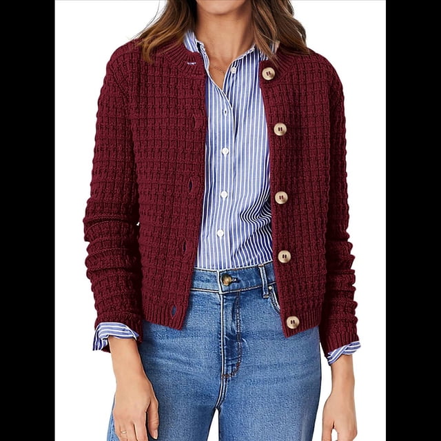 Cárdigan de Punto para Mujer, Informal, de Larga, con Botones, Abierto, Moderno, para Exteriores Vino Tinto S