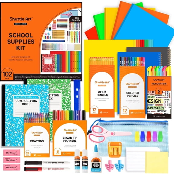 Shuttle Art 102 PCS All-in-One Stationery Kit, Multipurpose Writing Craft Organizer Set with Pencils, Pens, Markers, Erasers, Notebooks, Folders and More