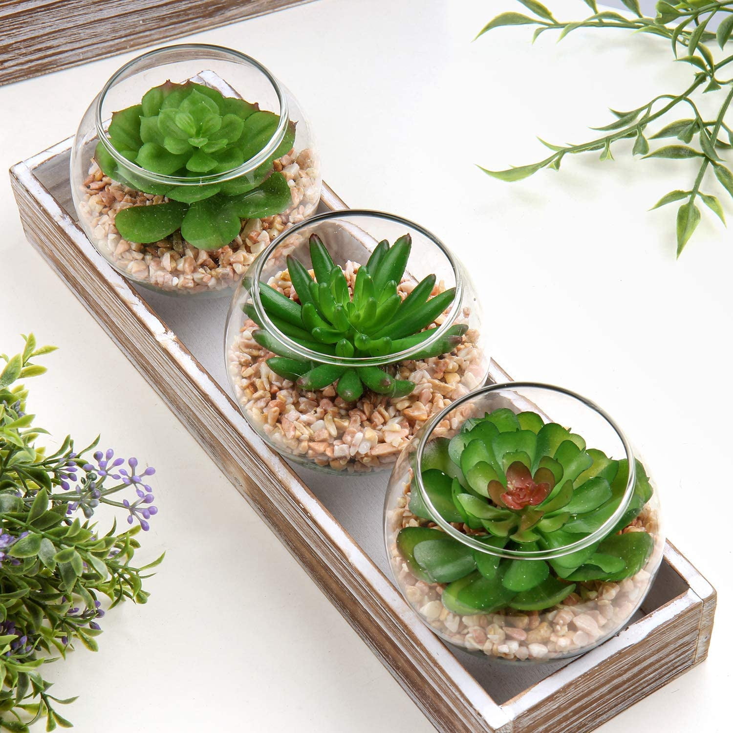 Mini Fake Plants 3 Packs Artificial Succulents Plants in Round Glass Vase Cute Faux Succulents for Bathroom Kitchens Shelf Table Decor