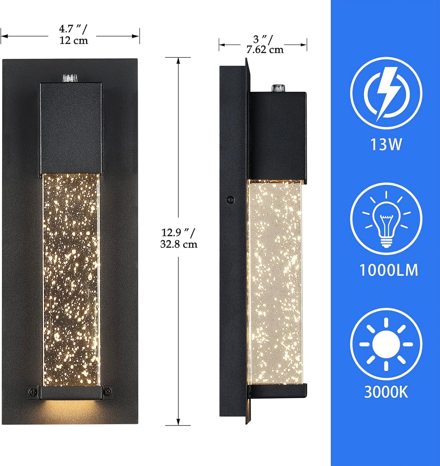 LED Dusk to Dawn Outdoor Light Fixture,2 Pack Modern Exterior Wall Sconce Porch Lights, Outside Wall Mount Lighting with Crystal Bubble Glass 13W 3000K for Front Door Patio