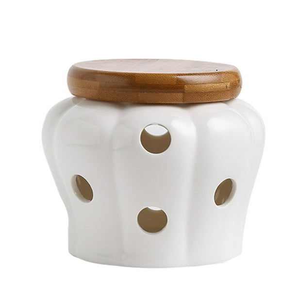 Bearachild Olla de cerámica para ajo con tapa, tarro de almacenamiento organizador de cocina fácil de limpiar, fresco y organizado Cocina y Comedor blanco