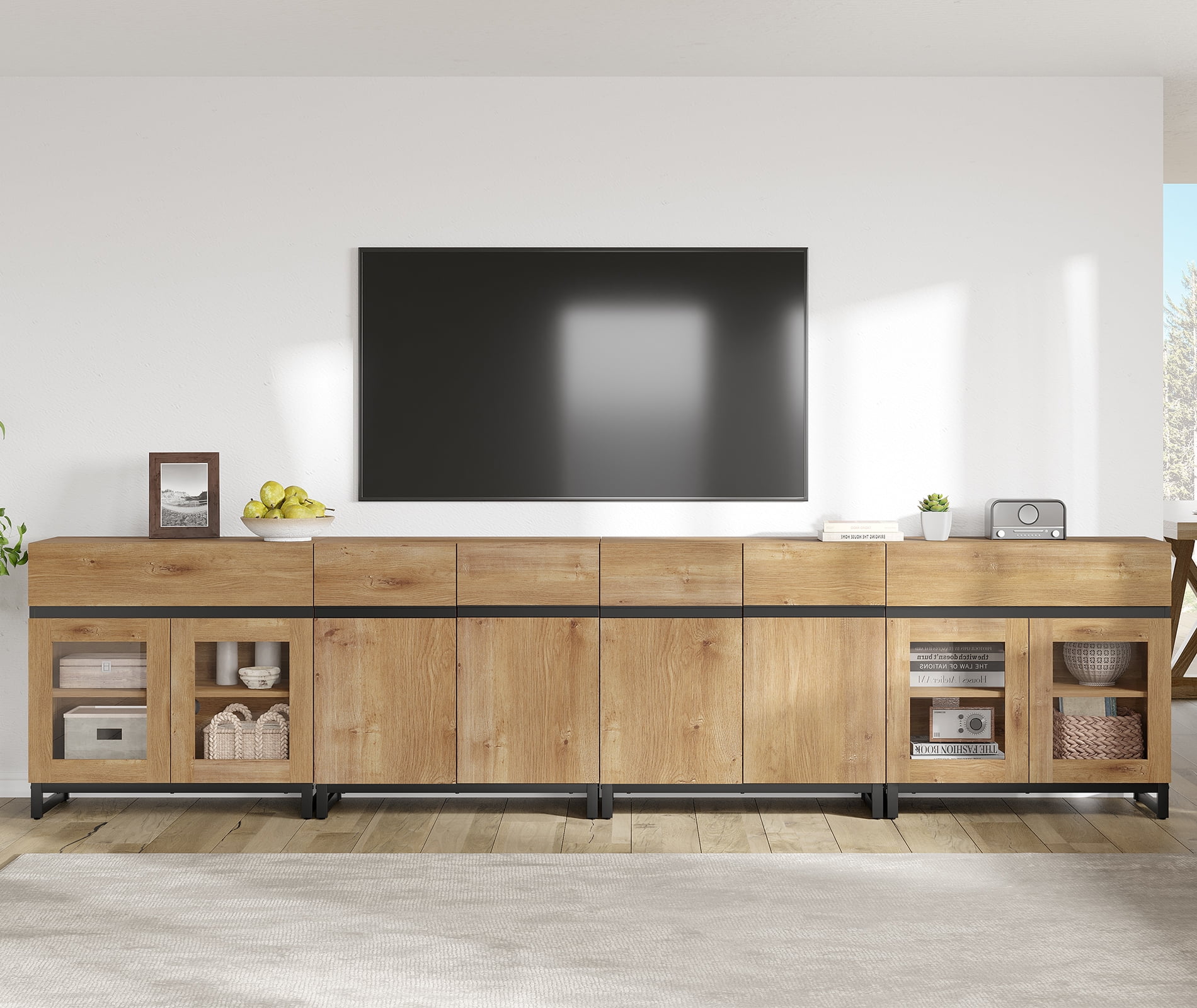 WAMPAT 4-in-1 Modern TV Stand for TVs up to 120 Inch, Glass Doors & 2 Drawers Entertainment Center,Media Console with Adjustable Shelf for Living Room & Bedroom