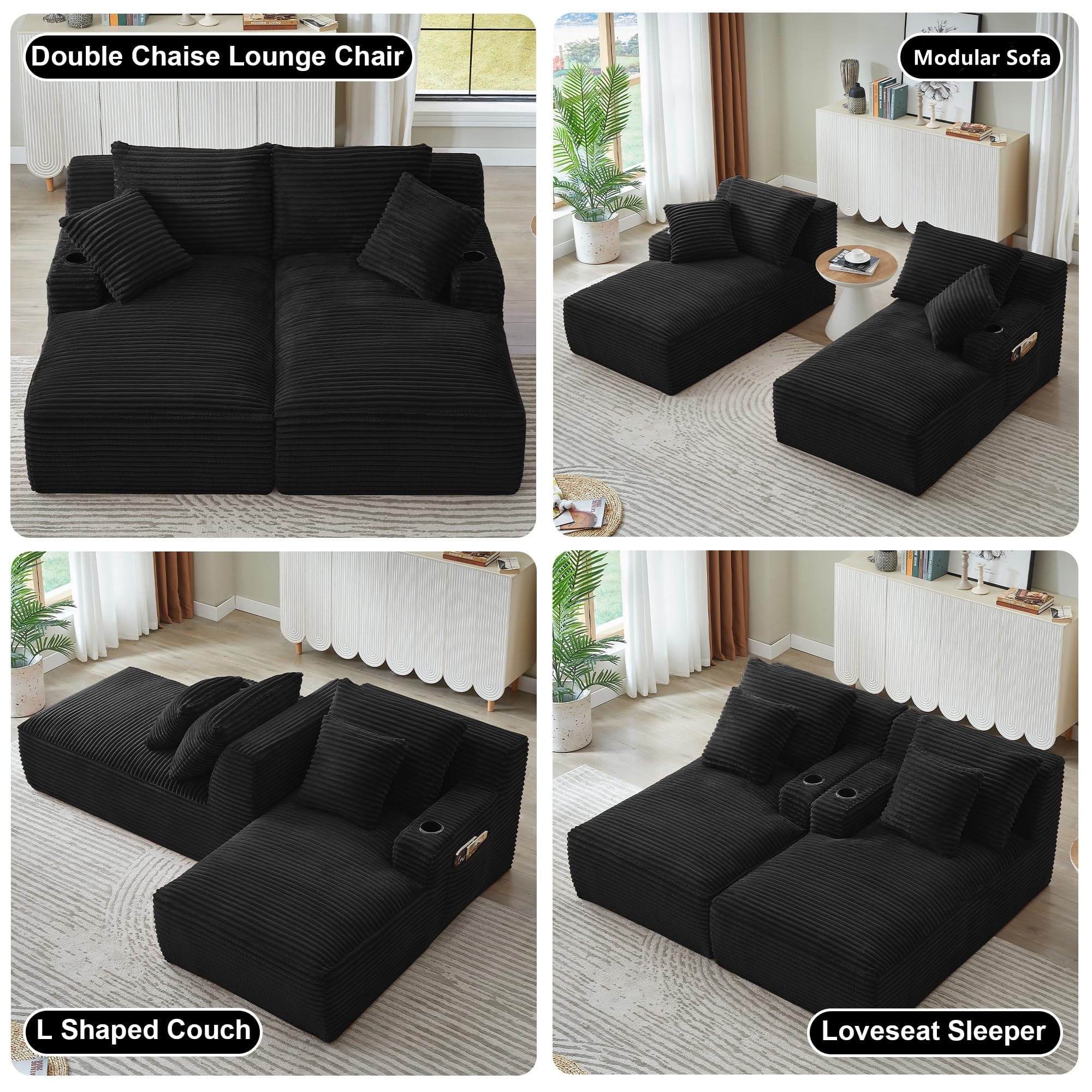Aukfa Oversized Double Chaise Lounge Modular Boneless Couch for Living Room, 2 Cup Holders, 4 Pillows, Corduroy, Black