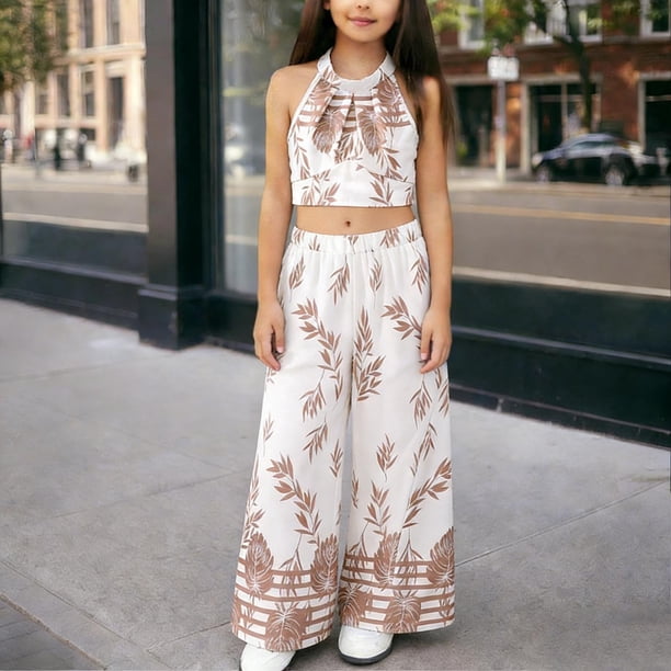 Conjuntos de camiseta sin mangas con cuello redondo para niños, estampados florales de verano, sin mangas, tirantes finos, prenda superior y pantalones vaqueros, conjunto de dos piezas para niños, cam