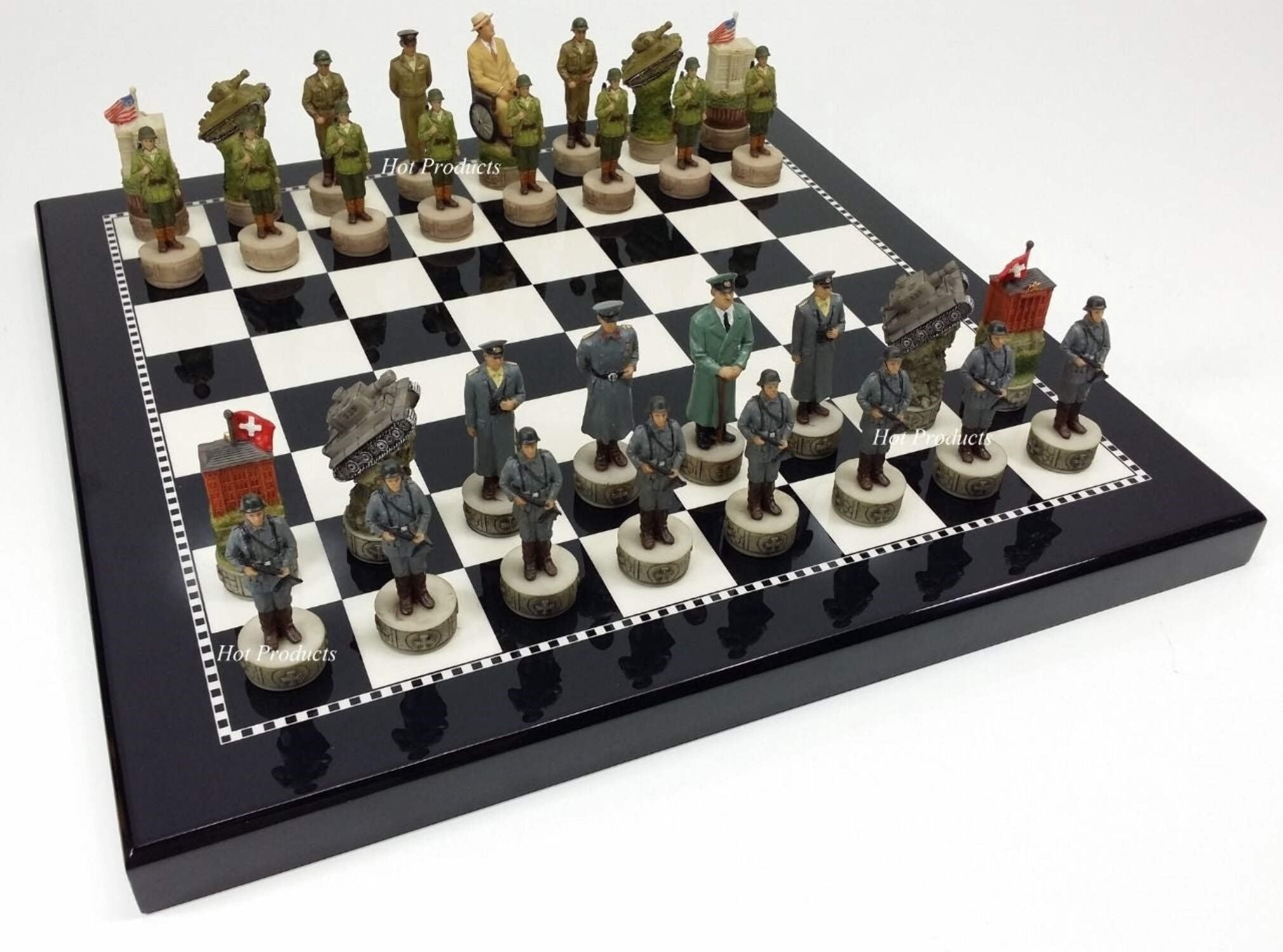 World War 2 US GERMANY Chess Set W/ 15" BLACK  WHITE GLOSS BOARD WW2