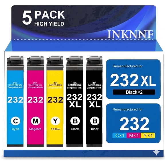 INKNNF 232XL Ink Cartridges Combo Pack (5-Pack) Compatible for Epson 232 Ink WorkForce WF-2930 WF-2950, Expression XP-4200 XP-4205 Printers
